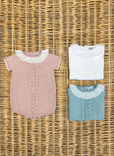 Pure cotton knitted onesie with ruffle collar