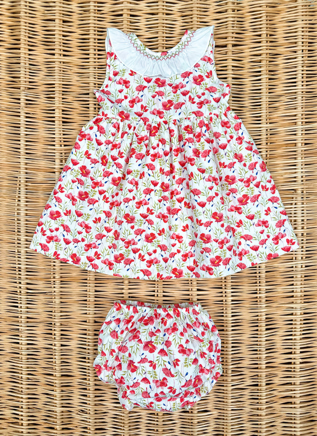 Rouche & Smock Back Red flowers Dress baroni firenze
