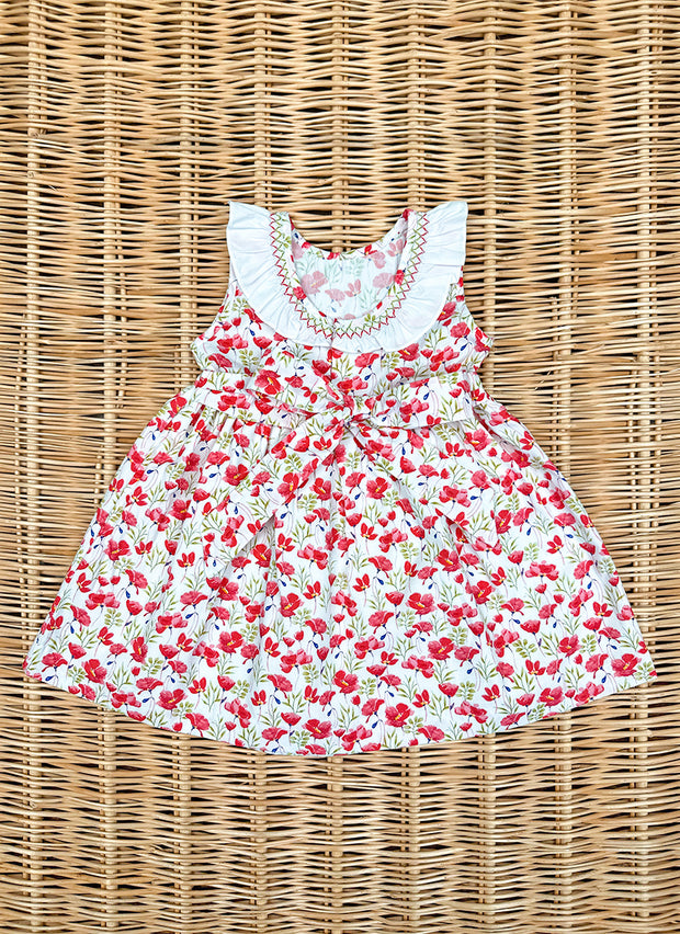 Rouche & Smock Back Red flowers Dress baroni firenze