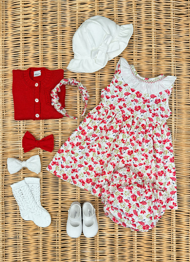 Rouche & Smock Back Red flowers Dress