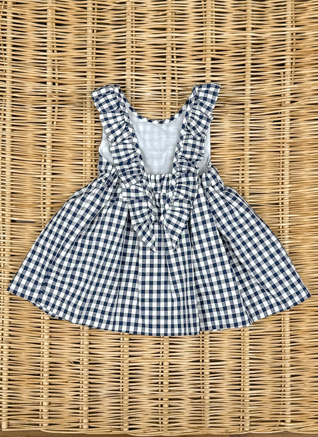 Blue Checked Dress with Rouche