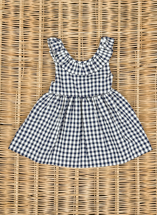 Blue Checked Dress with Rouche