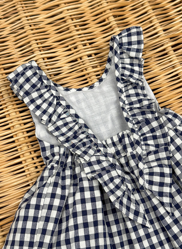 Blue Checked Dress with Rouche