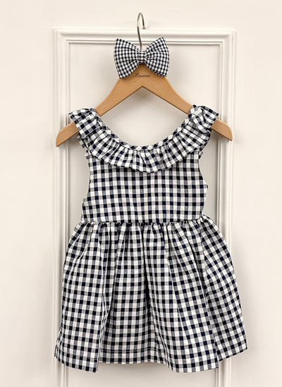 Blue Checked Dress with Rouche