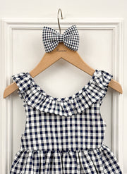 Blue Checked Dress with Rouche