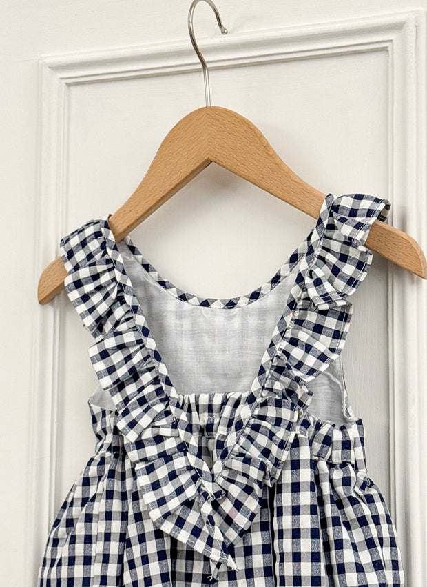 Blue Checked Dress with Rouche