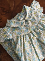 Green and Light Blue Flowers Angel Sleeves Dress