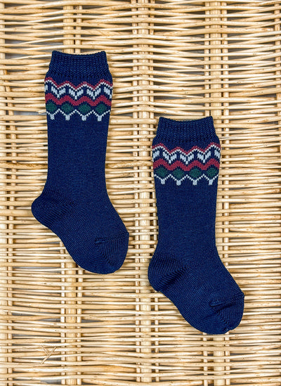 Merino Wool Blend Jacquard Border Knee Socks