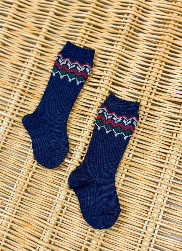 Merino Wool Blend Jacquard Border Knee Socks