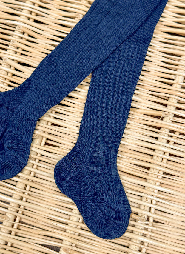 Warm Cotton Tights - Ribbed Blue Navy