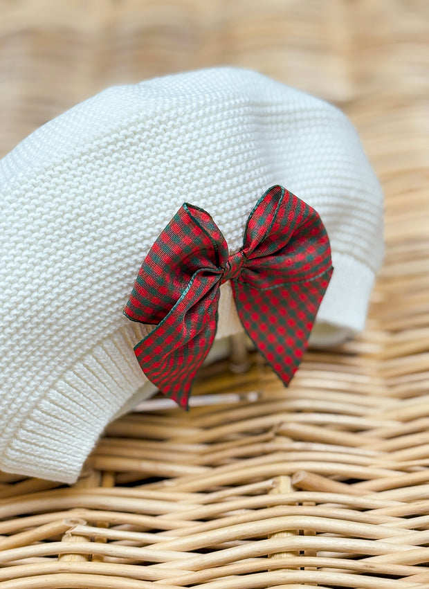 GARTER STITCH BERET - TARTAN BOW