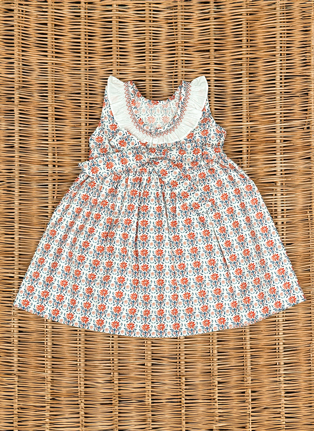 Orange Flowers Dress With Rouches & Smock