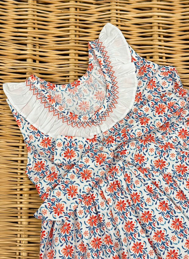 Orange Flowers Dress With Rouches & Smock