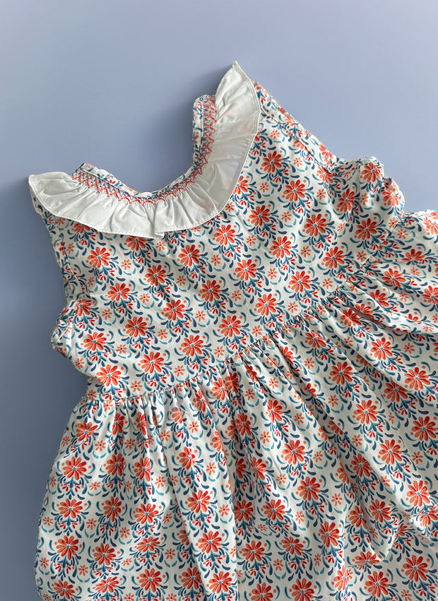 Orange Flowers Dress With Rouches & Smock