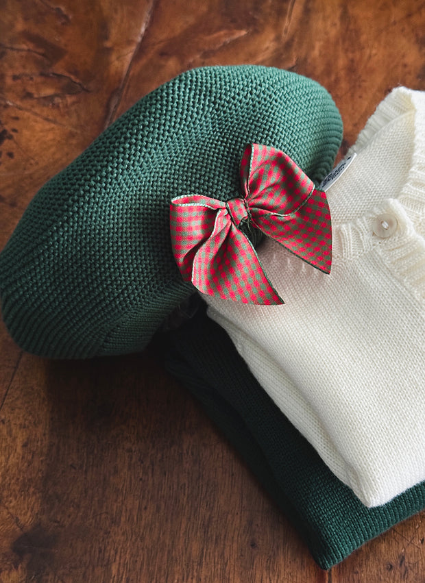 GARTER STITCH BERET - TARTAN BOW