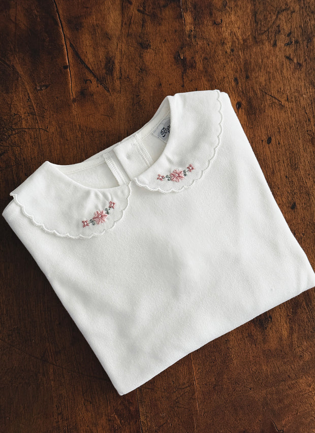 Long Sleeve Top - Scalopped Collar and Floral Embroidery