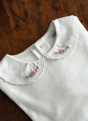 Long Sleeve Top - Scalopped Collar and Floral Embroidery