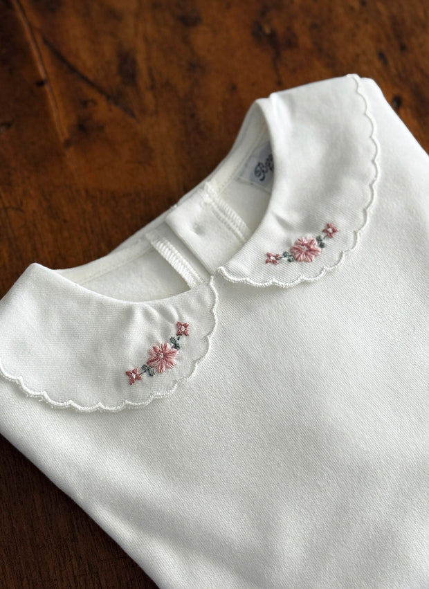 Long Sleeve Top - Scalopped Collar and Floral Embroidery