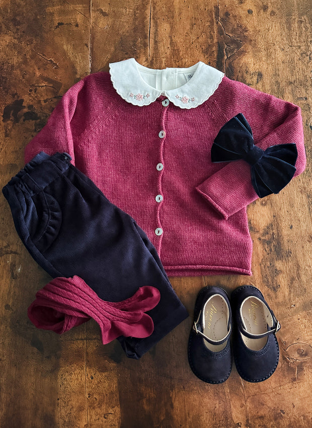 Long Sleeve Top - Scalopped Collar and Floral Embroidery