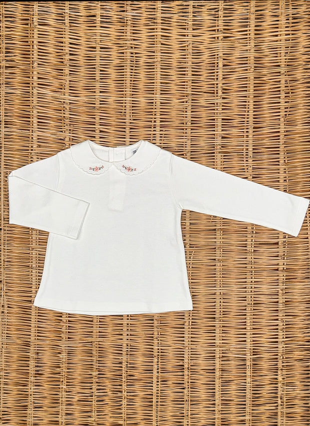 Long Sleeve Top - Scalopped Collar and Floral Embroidery
