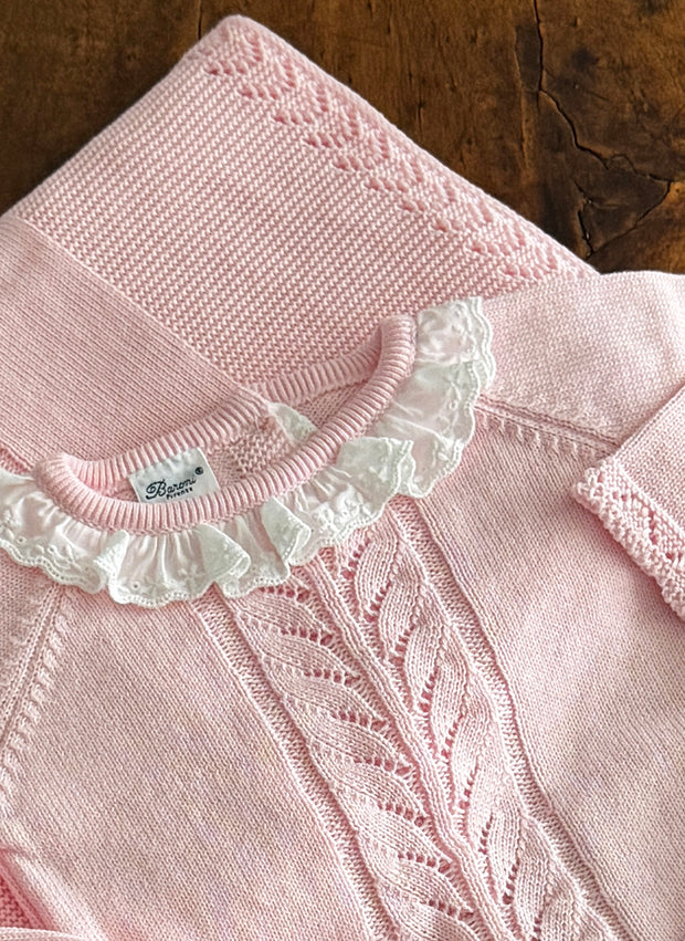 Tre pezzi in maglia di puro cotone con colletto in Sangallo