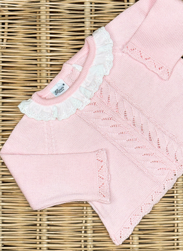 Tre pezzi in maglia di puro cotone con colletto in Sangallo