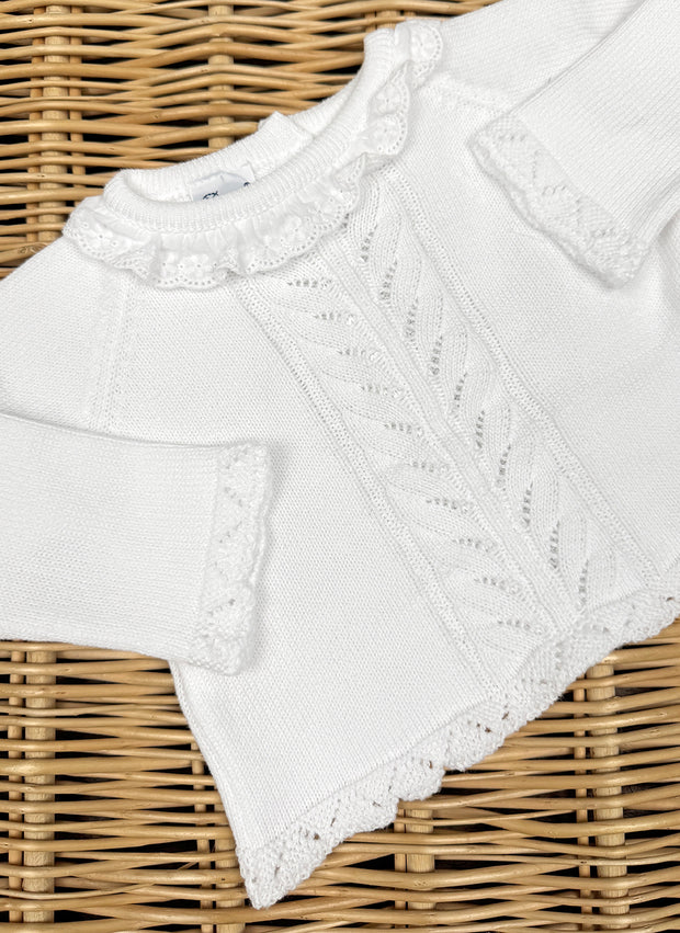 Tre pezzi in maglia di puro cotone con colletto in Sangallo